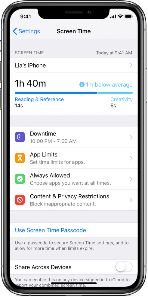„Screen Time“ nustatymai, kuriuos galite įjungti: „Downtime“, „App Limits“, „Always Allowed“ ir „Content & Privacy Restrictions“.