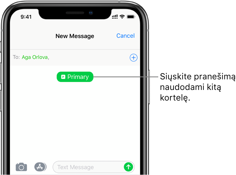 Naujo SMS / MMS pokalbio ekranas programoje „Messages“. Norėdami siųsti žinutę iš kitos linijos, palieskite linijos mygtuką, esantį po gavėju.