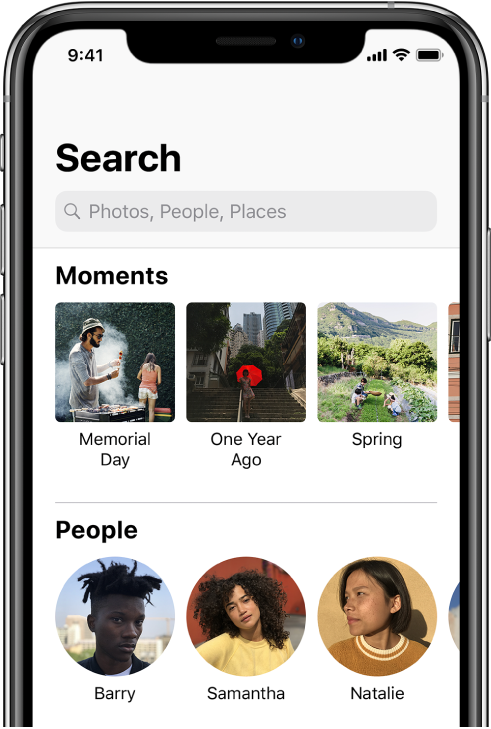 Skirtukas „Search“, kuriame pateikti pasiūlymai, susiję su „Moments“, „People“ ir „Places“. Paieškos juosta yra viršuje.