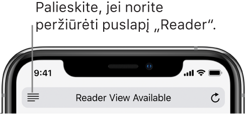 Adreso laukelis naršyklėje „Safari“ su mygtuku „Reader“ kairėje.