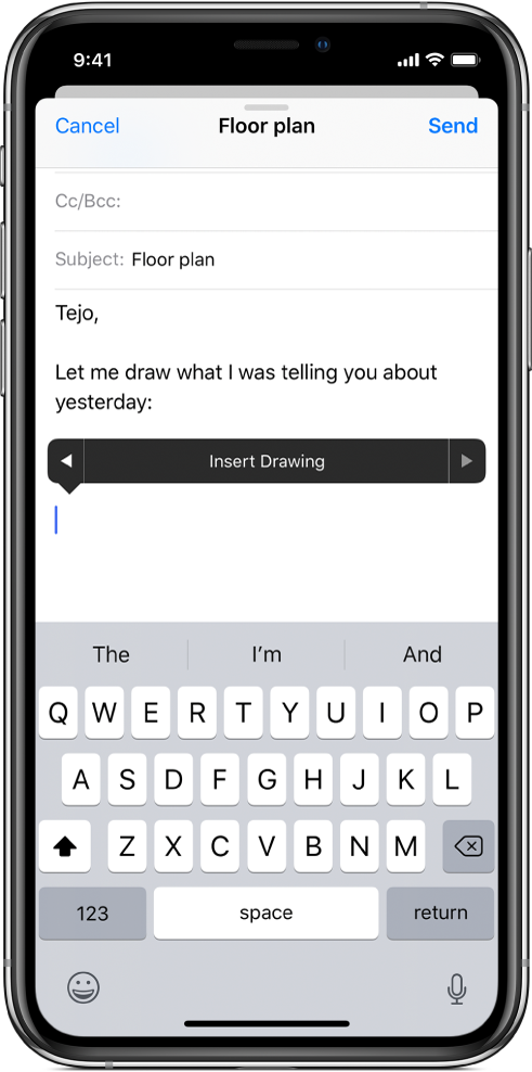 Ekranas, kuriame rodoma, kaip pradėti įterpti piešinį į el. laiško tekstą. Mygtukas „Insert Drawing“, kurį paspaudus atidaromi piešimo įrankiai, rodomas el. laiško tekste.