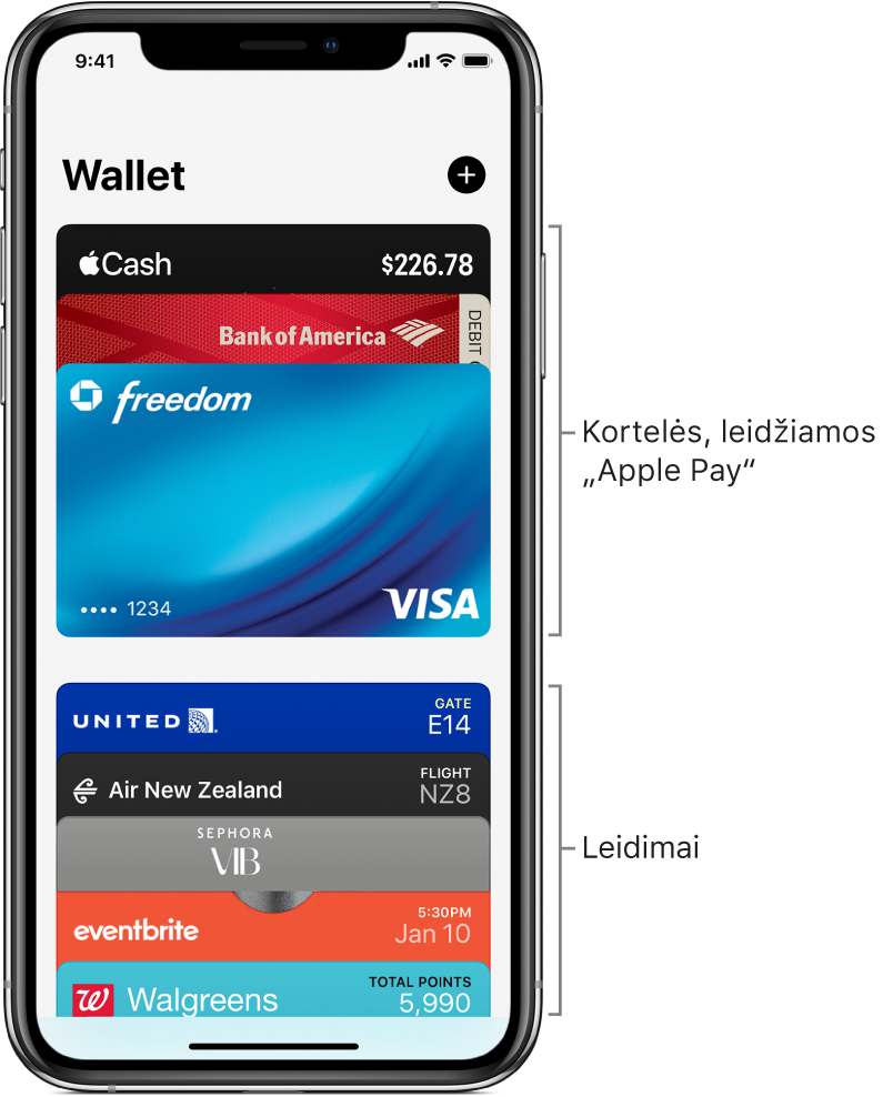 „Wallet“ ekranas, kuriame matomos kelios kredito ir debeto kortelės ir bilietai.