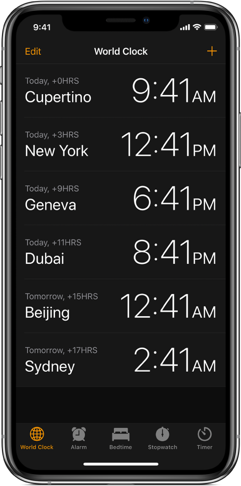 „World Clock“ skirtukas, rodantis laiką įvairiuose miestuose. Viršuje kairėje palieskite „Edit“, jei norite pakeisti laikrodžių tvarką. Viršuje dešinėje palieskite mygtuką „Add“, jei norite pridėti daugiau laikrodžių. „Alarm“, „Bedtime“, „Stopwatch“ ir „Timer“ mygtukai rodomi ekrano apačioje.