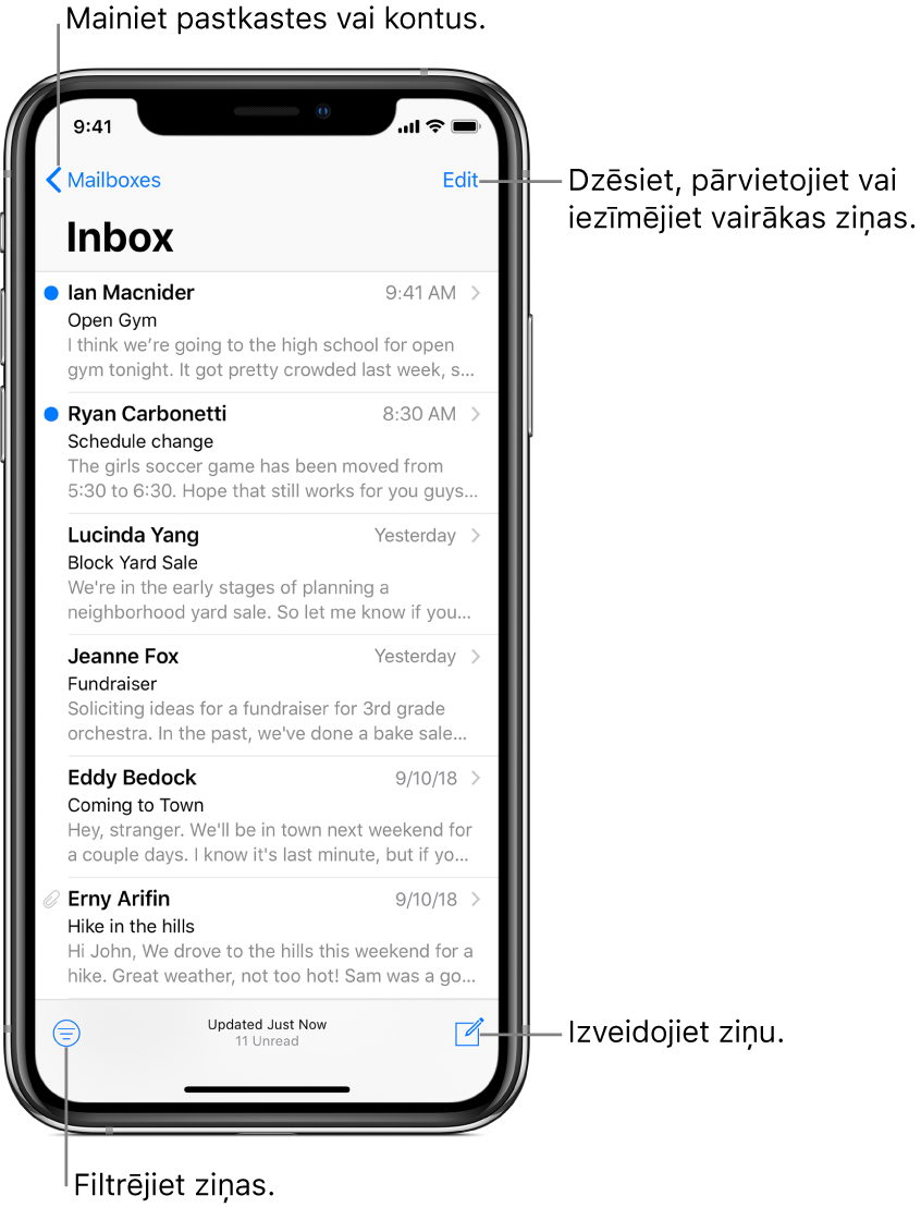 Iesūtne, kurā redzams e-pasta ziņojumu saraksts. Poga Mailboxes, kas ļauj pārslēgties uz citu pastkasti, atrodas augšējā kreisajā stūrī. Poga Edit, kas ļauj dzēst, pārvietot un iezīmēt e-pasta ziņojumus, atrodas augšējā labajā stūrī. Poga, kas ļauj filtrēt e-pasta ziņojumus, lai tiktu rādīti tikai noteikta veida ziņojumi, atrodas apakšējā kreisajā stūrī. Poga, kas ļauj izveidot jaunu e-pasta ziņojumu, atrodas apakšējā labajā stūrī.