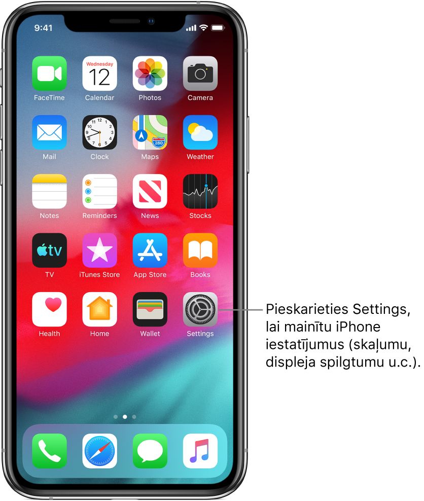 Sākuma ekrāns ar vairākām ikonām, tostarp ikonu Settings, kurai varat pieskarties, lai mainītu iPhone skaņas skaļumu, ekrāna spilgtumu u.c. iestatījumus.