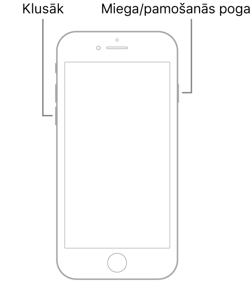 Attēls ar iPhone 7 tālruni, kuram uz augšu pavērsts ekrāns. Skaļuma samazināšanas poga atrodas ierīces kreisajā malā, bet labajā malā ir redzama miega/pamošanās poga.