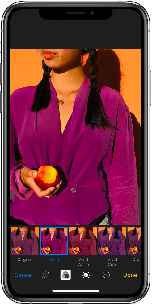 Lietotnes Camera ekrāns skatā Filter. Vairāki filtri tiek rādīti sīktēlu veidā zem attēla. Atlasītajam filtram ir kvadrātiska apmale.