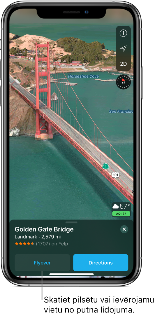Attēls, kurā redzama Zelta vārtu tilta daļa. Ekrāna apakšdaļā ir josla, kurā pa kreisi no pogas Directions ir poga Flyover.