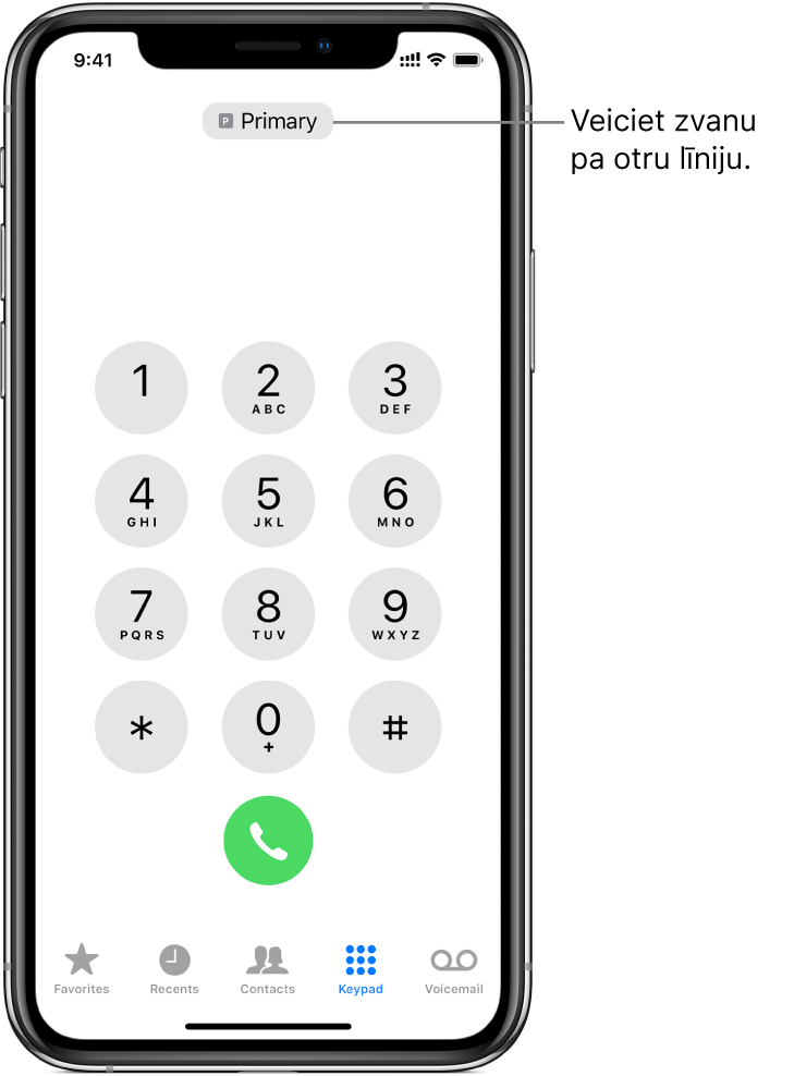 Lietotnes Phone ciparu tastatūra. Ekrāna apakšdaļā no kreisās puses uz labo ir izvietotas šādas cilnes: Favorites, Recents, Contacts, Keypad un Voicemail.