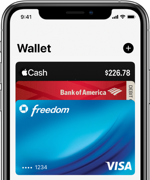 Bahagian separuh atas skrin Wallet, menunjukkan beberapa kad kredit dan debit. Butang Tambah di penjuru kanan atas.