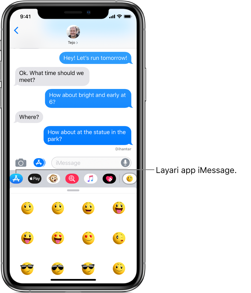 Perbualan Mesej, dengan butang Pelayar App iMessage dipilih. Laci app terbuka menunjukkan pelekat emotikon.