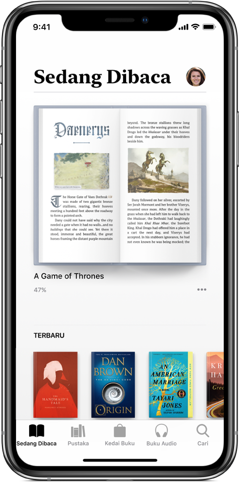 Skrin Sedang Baca dalam app Buku. Di bahagian bawah skrin adalah, daripada kiri ke kanan, tab Senarai Dibaca, Pustaka, Kedai Buku, Buku Audio dan Cari.