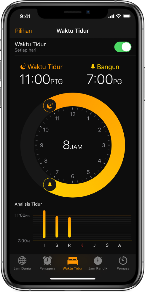 Butang Waktu Tidur dipilih dalam app Jam, menunjukkan waktu tidur bermula pada pukul 11:00 malam dan waktu bangun disetkan pada pukul 7:00 pagi.