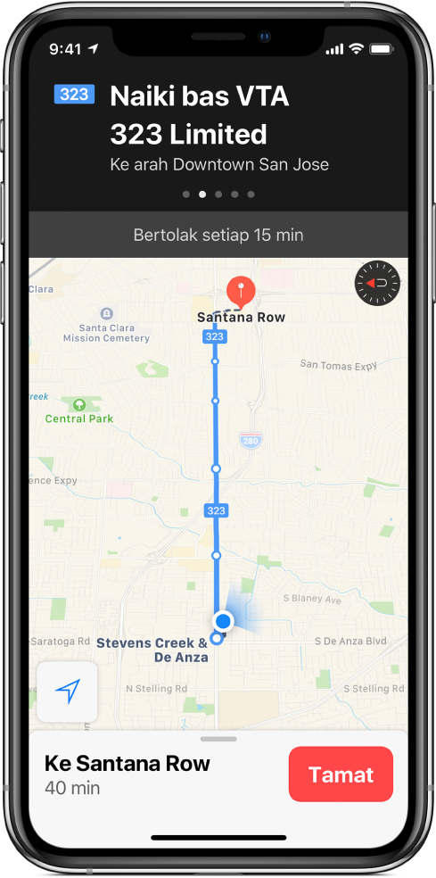 Peta transit menunjukkan hentian pada garis bas. Sepanduk di bahagian atas skrin menunjukkan arahan untuk “Naiki bas VTA 323 Terhad ke arah pusat bandar San Jose.”
