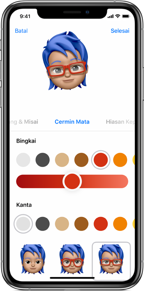 Skrin untuk mencipta Memoji, menunjukkan watak sedang dicipta di bahagian atas, ciri untuk menyesuaikan di bahagian bawah watak, kemudian di bawahnya, pilihan untuk ciri yang dipilih. Butang Selesai berada di bahagian kanan atas dan butang Batal berada di bahagian kiri atas.