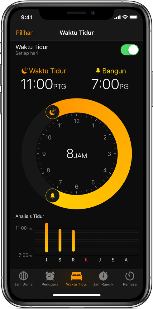 Tab Waktu Tidur, menunjukkan waktu tidur bermula pada 11 malam dan waktu bangun tidur disetkan pada 7 pagi.
