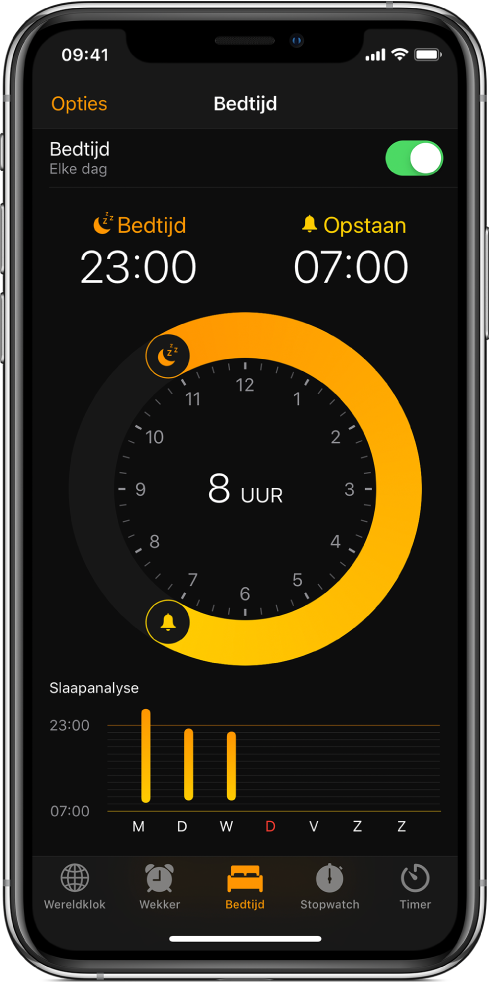 In de Klok-app is de knop 'Bedtijd' geselecteerd. De bedtijd is op 23.00 uur ingesteld en de wekker staat op 7.00 uur.