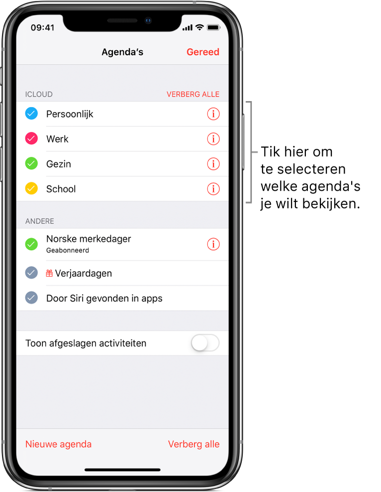 Actieve agenda's worden in de lijst aangeduid met een vinkje. Rechtsbovenin zie je de knop 'Gereed' voor het sluiten van de lijst.