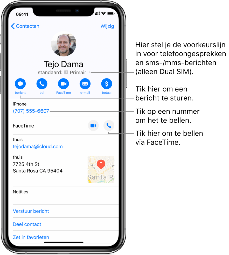 Het informatiescherm voor een contactpersoon. Bovenin staan de naam en foto van de contactpersoon. Daaronder staan knoppen voor het versturen van een bericht, bellen met de telefoon, bellen met FaceTime en het versturen van een e-mail. Onder de knoppen vind je de contactgegevens.