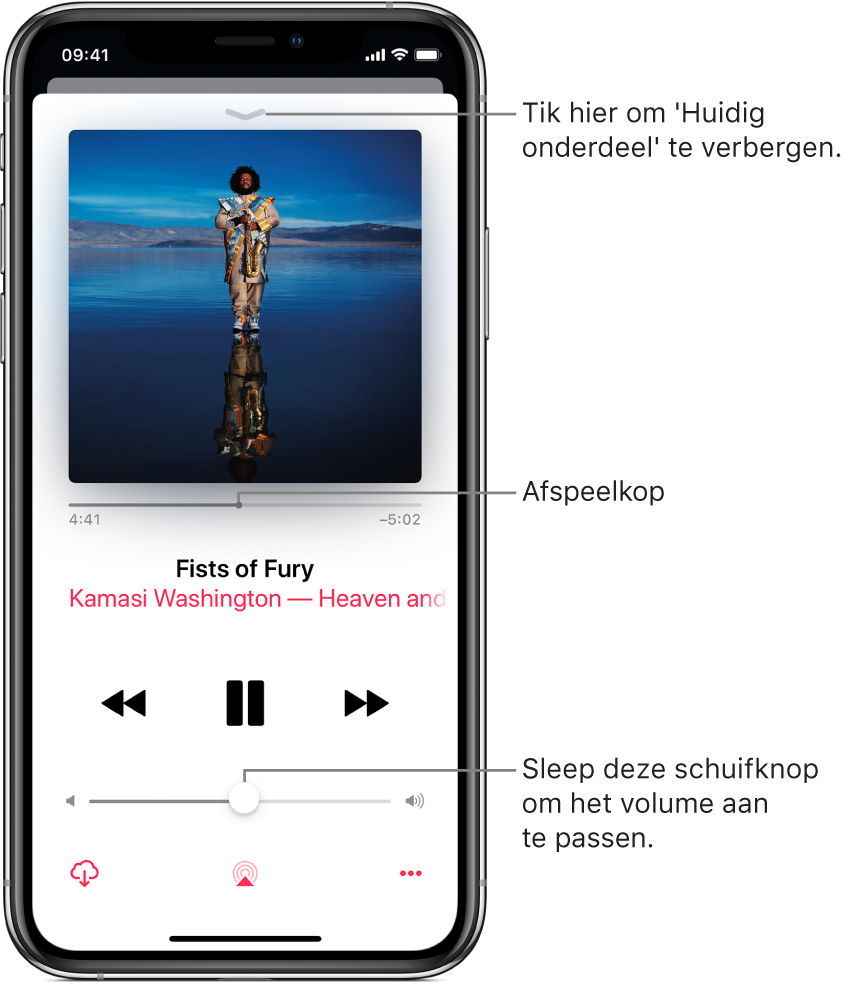 Het scherm 'Huidig onderdeel' met de albumillustratie. Hieronder zie je de afspeelkop, de titel van het nummer, de artiest en de albumtitel, afspeelregelaars, de volumeschuifknop, de downloadknop, de afspeelbestemmingsknop en de knop voor meer opties. De knop voor het verbergen van het huidige onderdeel bevindt zich bovenin.