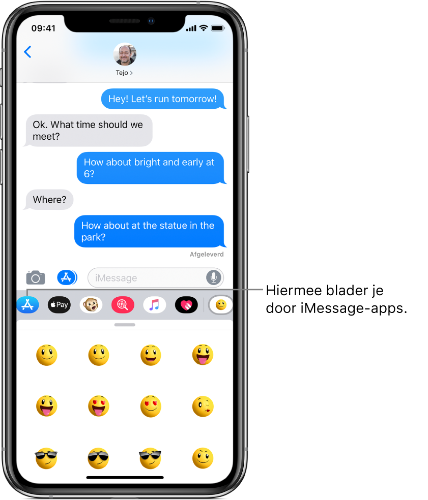 Een gesprek in Berichten met de iMessage-appbrowserknop geselecteerd. De geopende applade met emoticonstickers.