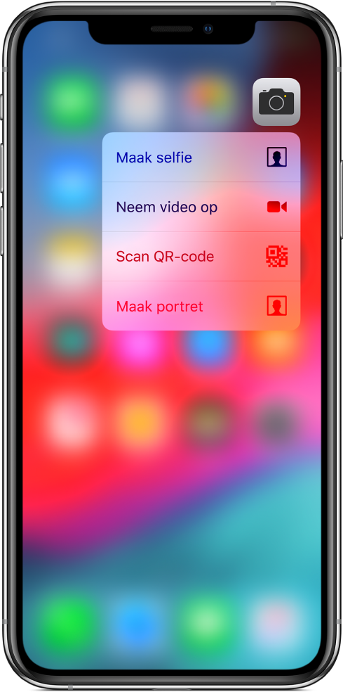 Het beginscherm is wazig en onder het Camera-symbool wordt het snelmenu voor Camera weergegeven.