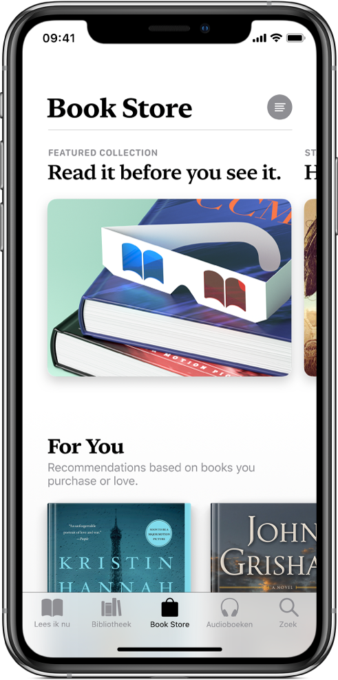 In de Boeken-app, een scherm in de Book Store. Onder in het scherm staan van links naar rechts de tabbladen 'Lees ik nu', 'Bibliotheek', 'Book Store', 'Audioboeken' en 'Zoek'. Het tabblad 'Book Store' is geselecteerd. Op scherm staan ook boeken en boekcategorieën die je kunt kopen en doorbladeren.