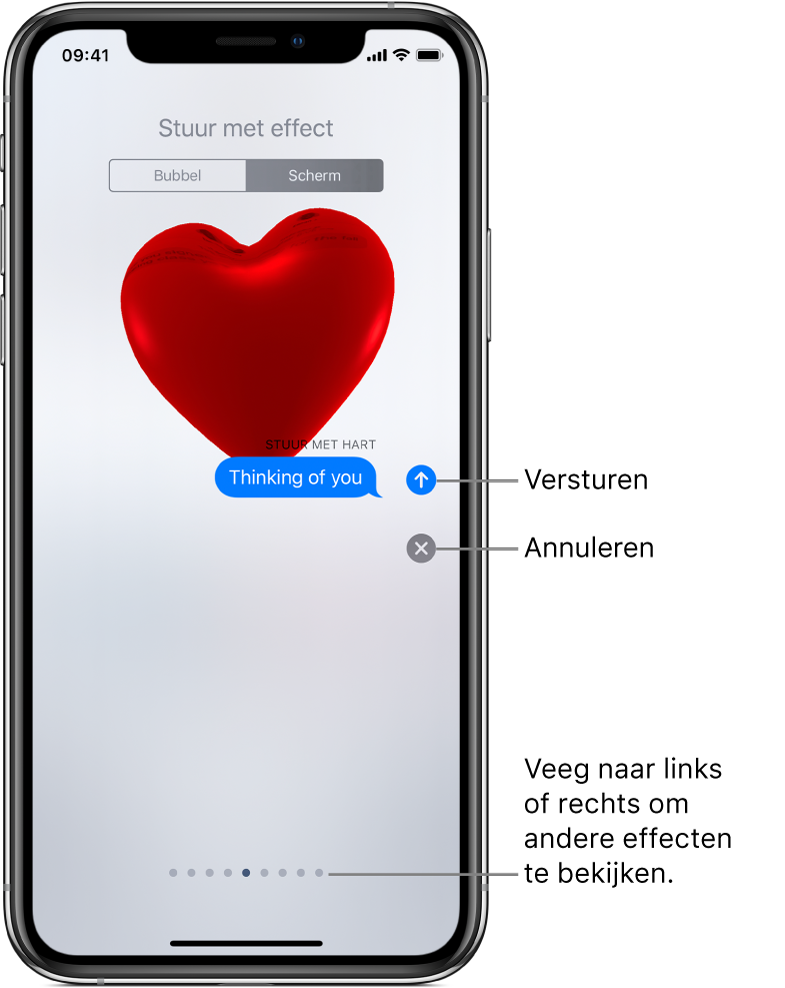 Een voorvertoning van een bericht met een schermvullend effect met een rood hart.