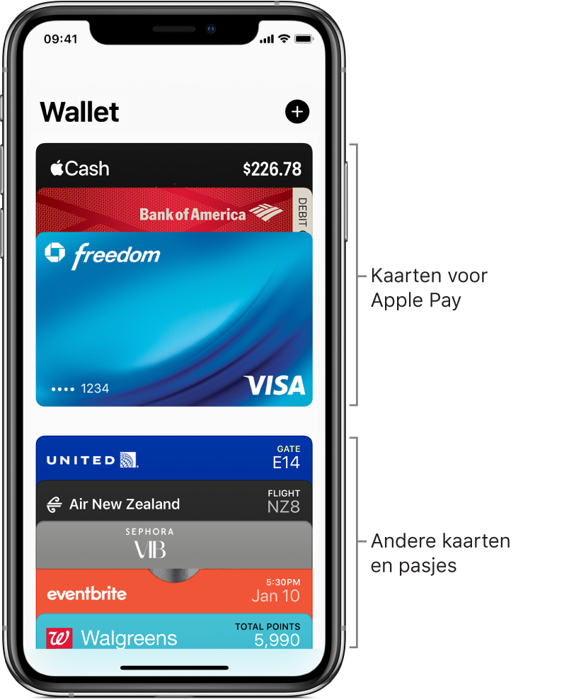 Het Wallet-scherm met diverse creditcards, betaalkaarten en pasjes.
