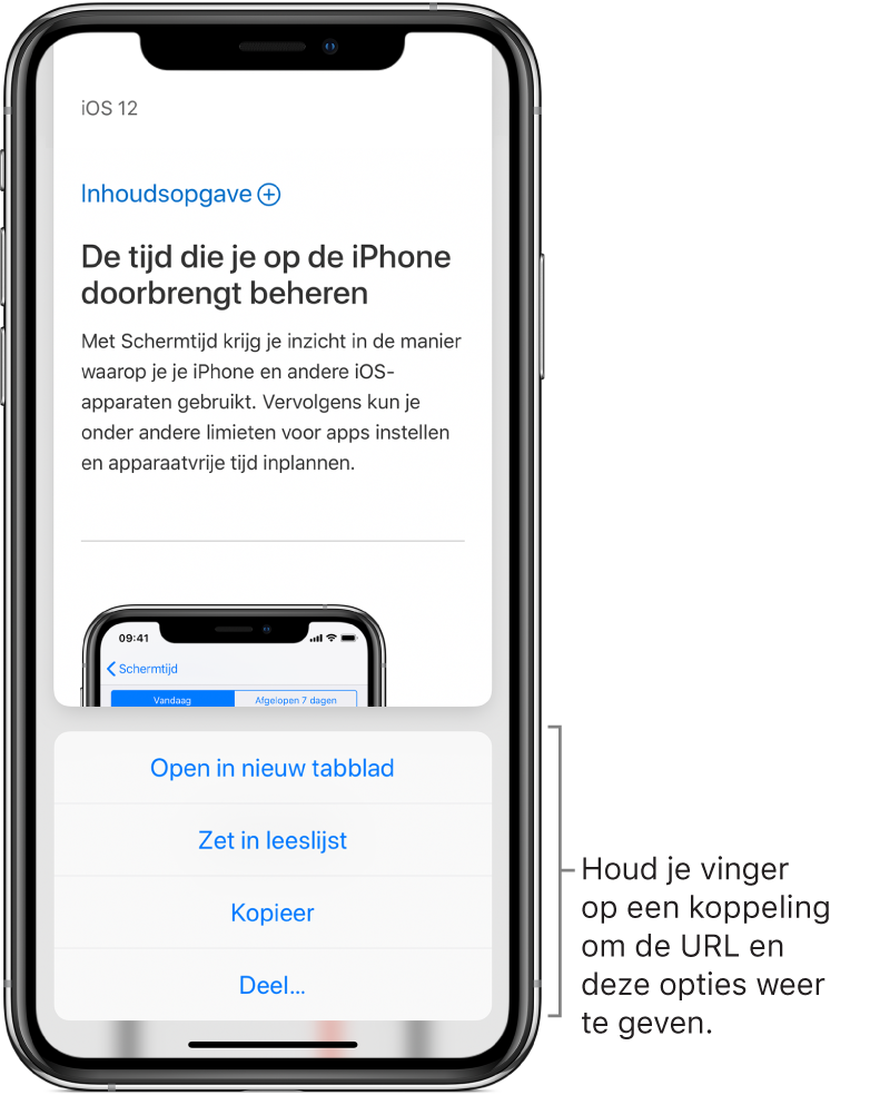 Een overlay met een voorvertoning van de URL van de bestemming, gevolgd door een lijst met mogelijke taken. 'Open in nieuw tabblad', 'Zet in leeslijst', 'Kopieer' of 'Deel'.