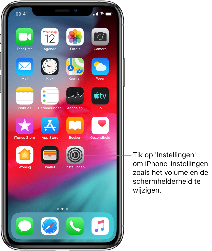 Het beginscherm met diverse symbolen, zoals het Instellingen-symbool, waarop je kunt tikken om het volume, de schermhelderheid en andere iPhone-instellingen te wijzigen.