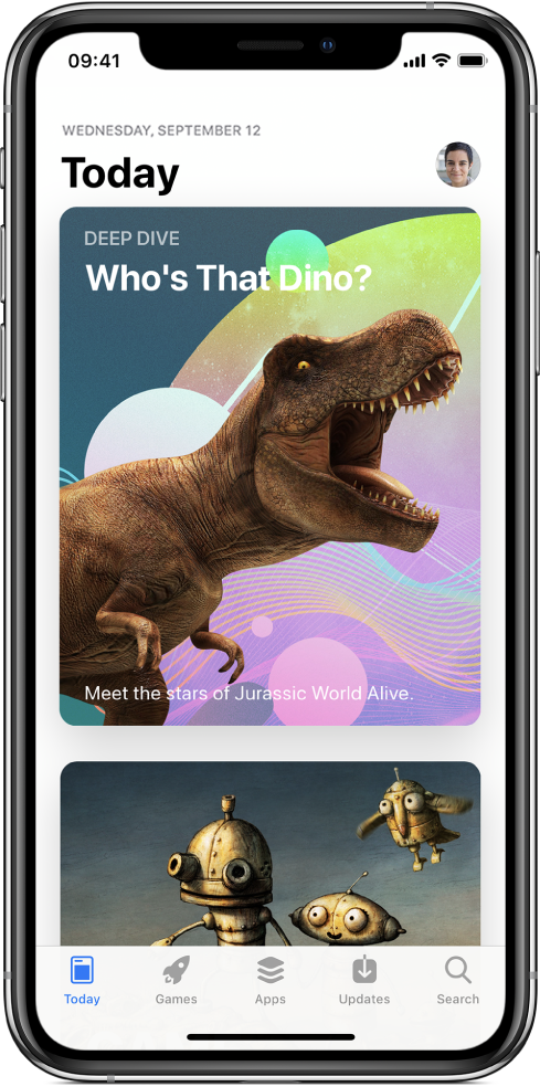 I dag-skjermen i App Store som viser en anbefalt app. Profilbildet, som du trykker på for å vise kjøp, er øverst til høyre. Nederst, fra venstre mot høyre, finnes I dag-, Spill-, Apper-, Oppdateringer- og Søk-fanene.