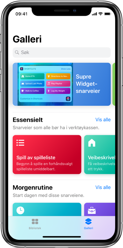 Galleri-fanen i Snarveier-appen, viser forslag til snarveier.