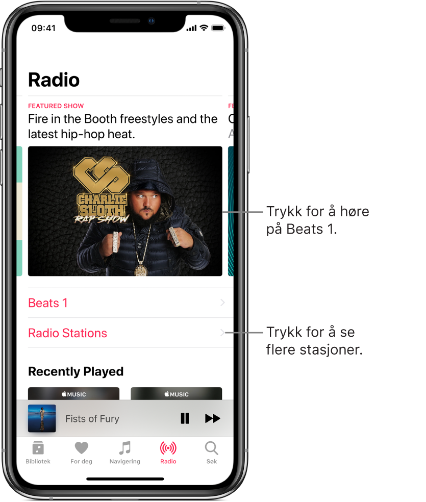 Radio-skjermen som viser Beats 1 Radio øverst. Beats 1 og radiostasjoner vises under.