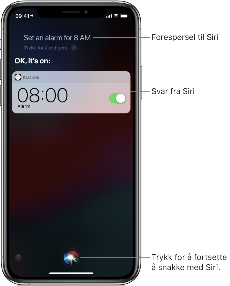 Siri-skjermen viser at Siri fikk instruksjonen «Sett alarmen på klokken 8:00», og at den svarte «Alarmen er satt til kl. 08.00». Er varsling fra Klokke-appen viser at en alarm er satt til kl. 08:00. En knapp nederst i midten av skjermen brukes til å fortsette å snakke med Siri.