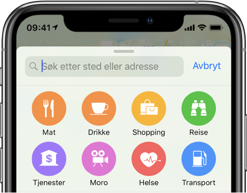 Knapper for åtte tjenester vises under søkefeltet. Knappene i den øverste raden heter Mat, Drikke, Handel og Reise. Knappene i den nederste raden heter Tjenester, Moro, Helse og Transport.