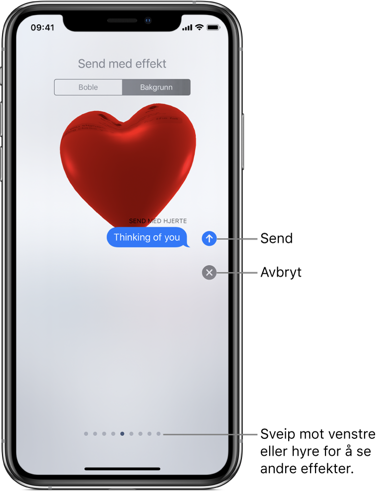 En meldingsforhåndsvisning som viser en fullskjermseffekt med et rødt hjerte.