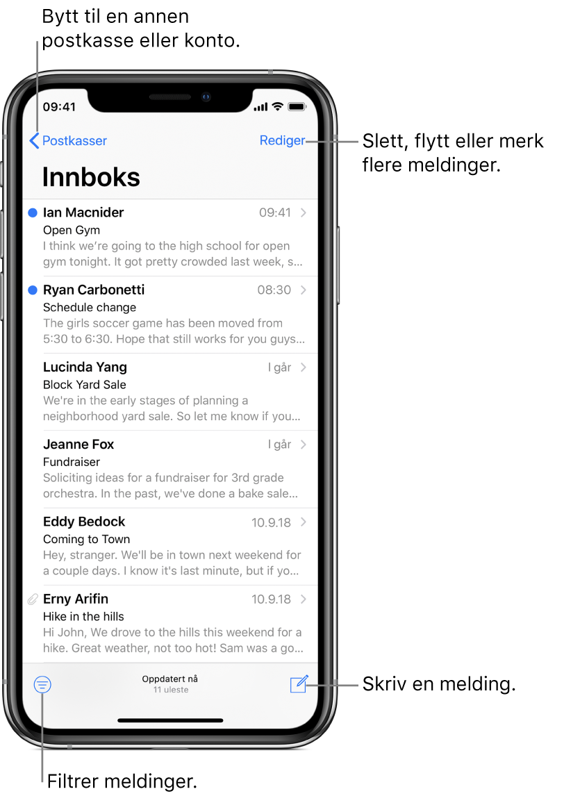 Innboksen, som viser en liste med e-poster. Postkasser-knappen for å bytte til en annen postkasse er øverst til venstre. Rediger-knappen for å slette, flytte eller merke e-poster øverst til høyre. Knappen for å filtrere e-poster slik at kun bestemte typer e-poster vises, er nederst til venstre. Knappen for å skrive en ny e-post er nederst til høyre.
