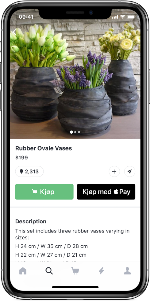 En app som viser en betalingsskjerm med Kjøp med Apple Pay-knappen.