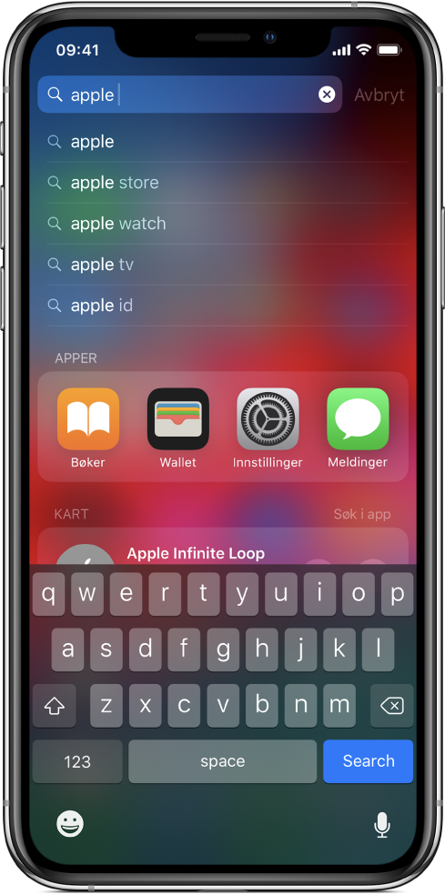 En skjerm som viser søk etter innhold på iPhone. Øverst er søkefeltet med søketeksten «apple», og nedenfor er søkeresultatene for målteksten.
