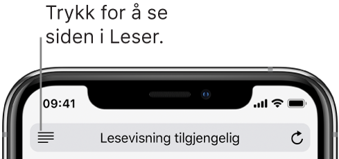 Adressefeltet i Safari, med Leser-knappen til venstre.