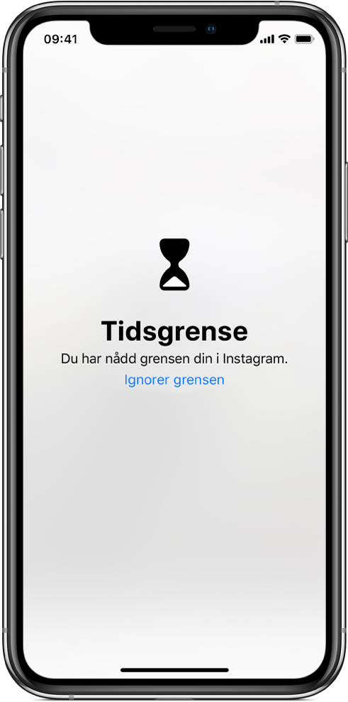 En skjerm som viser et Tidsgrenser-varsel om at det er brukt én time på Instagram i dag. Nedenfor varselet er det en Ignorer grensen-knapp.