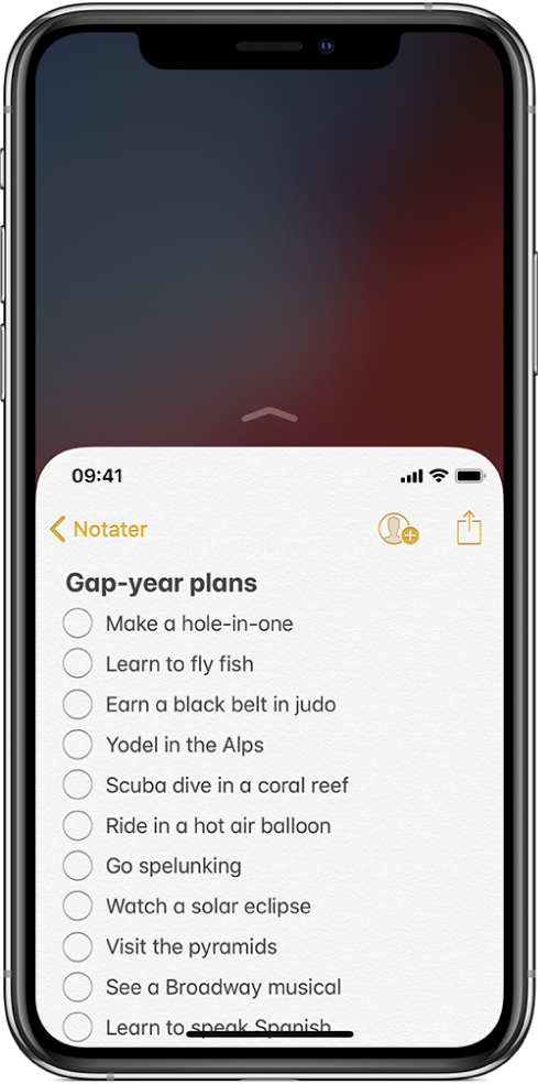 iPhone-skjerm med Rask tilgang aktivert. Den øverste delen av skjermen er flyttet nedover, slik at en liste i Notater-appen enkelt kan nås med tommelen.