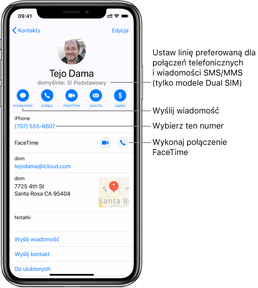 Ekran z danymi kontaktu. U góry wyświetlane jest zdjęcie i nazwa kontaktu. Poniżej znajdują się przyciski: wysyłania wiadomości, nawiązywania połączenia telefonicznego i FaceTime, a także wysyłania wiadomości email. Pod przyciskami znajdują się dane kontaktu.