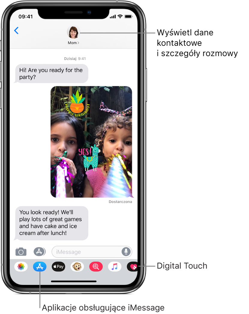 Rozmowa w aplikacji Wiadomości. U góry (od lewej): przycisk powrotu i zdjęcie rozmówcy. Na środku wyświetlane są wysłane i odebrane wiadomości. Na dole (od lewej) znajdują się przyciski Zdjęcia, Sklepy, Apple Pay, Animoji, Obrazki hasztagowe, Muzyka i Digital Touch.