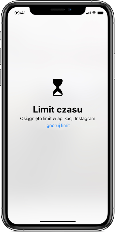 Ekran z alertem funkcji Czas przed ekranem informującym o spędzeniu jednej godziny z aplikacją Instagram, Poniżej znajduje się przycisk Ignoruj limit.