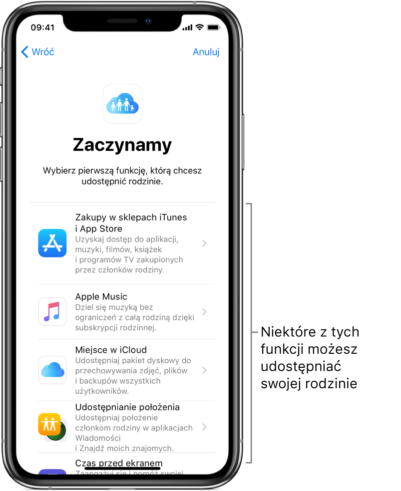 Ekran rozpoczynania konfiguracji funkcji Chmura rodzinna. Zawiera on pięć opcji udostępniania rzeczy swojej rodzinie: Zakupy w iTunes Store i App Store, Apple Music, Miejsce w iCloud, Udostępnianie położenia i Czas przed ekranem.