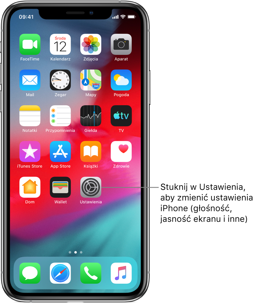 Ekran początkowy z szeregiem ikon, w tym ikoną aplikacji Ustawienia, która pozwala zmieniać ustawienia głośności iPhone'a, jasności jego ekranu i inne.