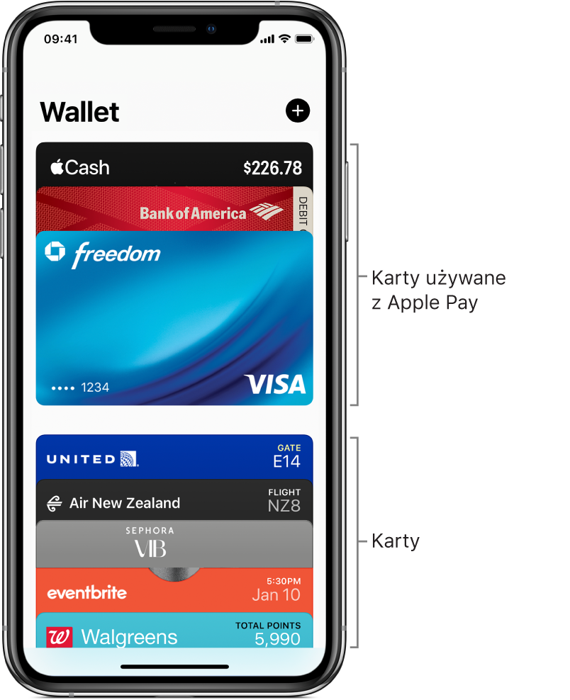 Ekran aplikacji Wallet z górnymi częściami szeregu kart kredytowych, debetowych i innych.