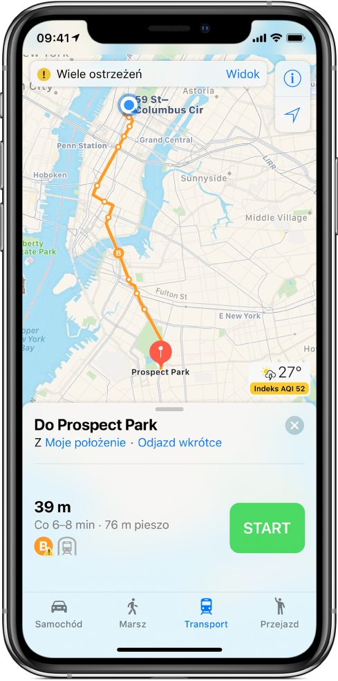 Mapa transportu publicznego Nowego Jorku z oznaczoną linią transportu publicznego łączącą 59 Street‑Columbus Circle i Prospect Park. Karta trasy na dole ekranu pokazuje, że wkrótce odjeżdża pociąg tej linii, a częstotliwość kursów to 6‑8 minut. Stacja znajduje się 75 metrów pieszo od bieżącego położenia.